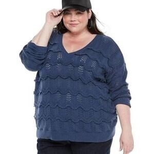 EVRI Women’s Wavy Pointelle Knit V-Neck Sweater - Navy Blue, Size 2X - NWOT